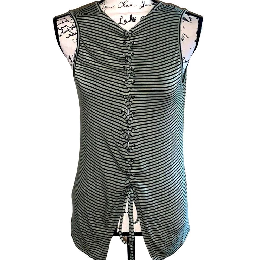 Evereve Peyton Jensen green black‎ striped sleeveless casual top small